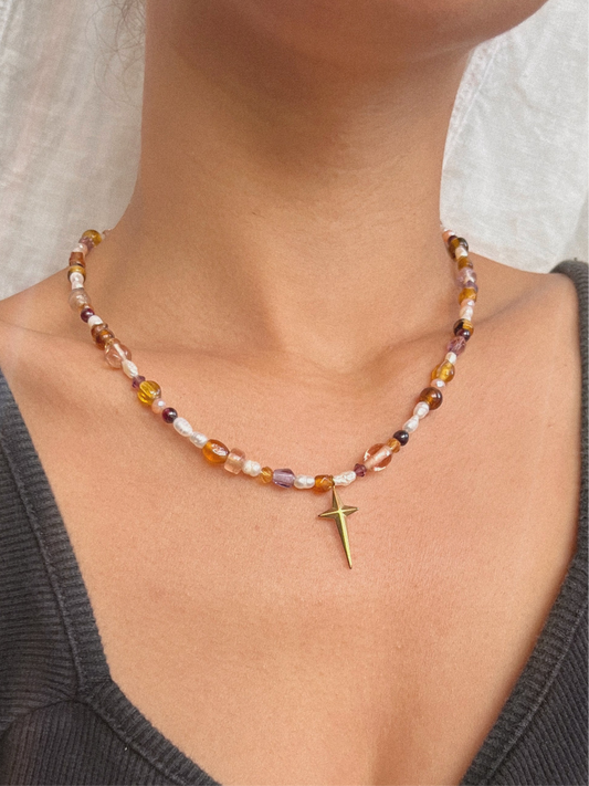 handgemaakte kralen ketting met goud rvs ster bedel